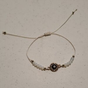 White String Bracelet with Evil Eye Protection Charm and White Beads